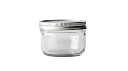 Empty glass jar with silver lid for storage.  isolated on transparent background.
