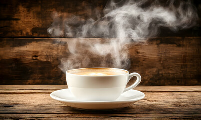 Steaming coffee cup wood background cafe menu