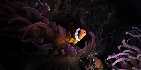 Obraz premium Colorful clownfish swimming among vibrant anemone tentacles