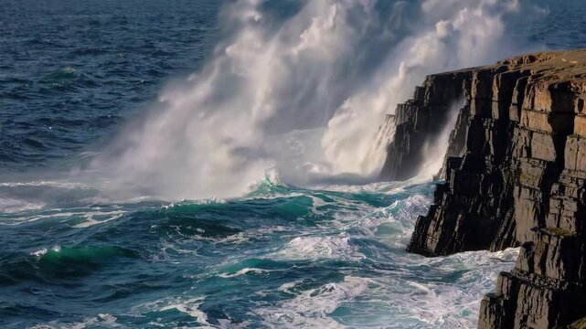 Rocky coastline with waves crashing on cliffs, dramatic seascape. Nature and adventure concept