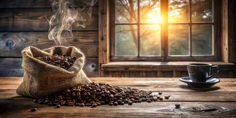 Rustic morning coffee scene with burlap sack of roasted beans and steaming cup on wooden table by window