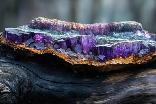 Stunning amethyst geode with vibrant purple crystals nestled in earthy matrix, displayed on dark wood.