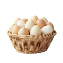 A wicker basket holds a collection of eggs