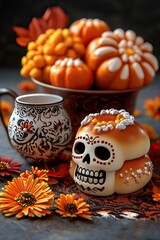 Colorful autumn scene featuring decorative pumpkins, a sugar skull, and marigolds in a cozy arrangement.