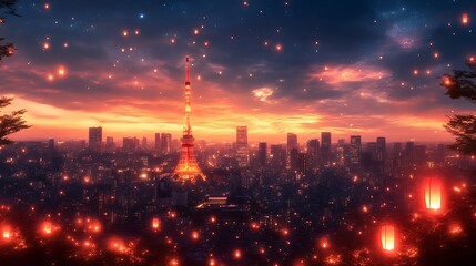 Tokyo Skyline Illuminated By Floating Lanterns At Sunset