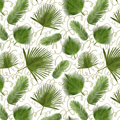 A seamless pattern featuring lush green tropical leaves, including palm leaves, creating a fresh and vibrant botanical design. Perfect for textiles, wallpapers, packaging, stationery, and digital back