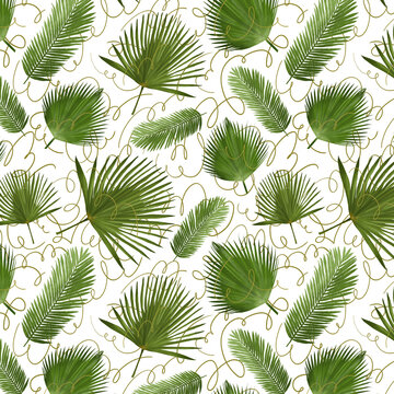 A seamless pattern featuring lush green tropical leaves, including palm leaves, creating a fresh and vibrant botanical design. Perfect for textiles, wallpapers, packaging, stationery, and digital back
