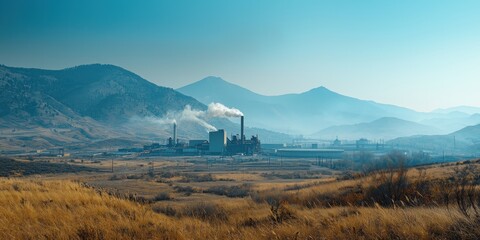 Industrial Landscape with Smokestacks Against Blue Mountain Range