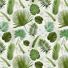 A seamless pattern featuring lush green tropical leaves, including palm leaves, creating a fresh and vibrant botanical design. Perfect for textiles, wallpapers, packaging, stationery, and digital back