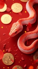 Fototapeta premium Vibrant snake with coins on a red background