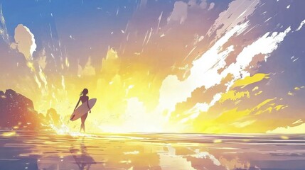 Surfer at sunset beach with vibrant skies and ocean waves