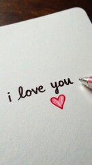 A handwritten inscription, the text "I love you" on a white sheet of paper, in a notebook or diary. A painted heart. A declaration of love. Romantic card for Valentine's Day, Mother's Day.