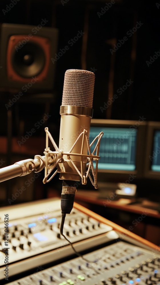 Poster Condenser microphone capturing sound in a professional recording studio, with audio mixer and monitor in background, ready for singer or voiceover artist to create music or audio content