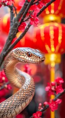 Obraz premium Snake among blossoms and lanterns