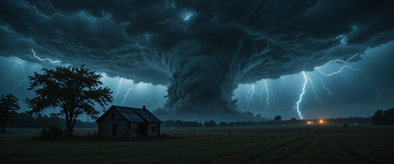 "A massive tornado ripping through a rural landscape at night, s