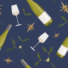 Seamless pattern featuring elegant white wine bottles, filled glasses, mistletoe sprigs, and golden stars. Perfect for holiday celebrations, festive decorations, and wine-themed designs