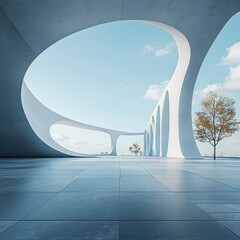 Futuristic architectural elements with a blue sky and concrete flooring in a serene city park. --