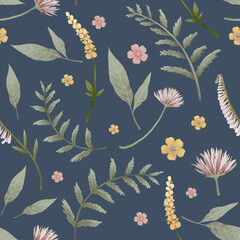 Floral, seamless pattern with delicate garden flowers on a white background. Floral background