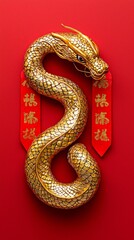 Obraz premium Golden dragon on a red background