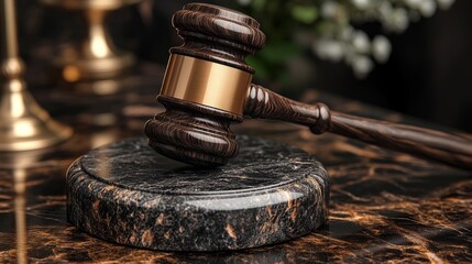 Elegant and professional business card design for a lawyer featuring a gavel on a marble surface