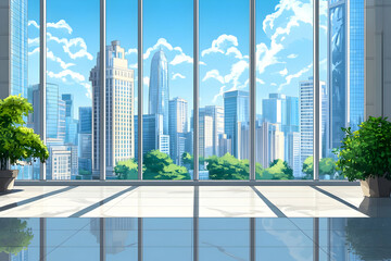 Modern office, city view, sunny day, plants, background