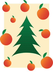 Vector illustration of a Christmas tree surrounded by tangerines on a decorative background. Perfect for holiday cards, banners, or festive designs.