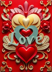 Ornate love emblem, Art Nouveau style, 3D relief sculpture, Gold filigree, Red and white floral motifs, Pastel blue accents, Central red heart, "Love" text, Symmetrical design, Vibrant red background,