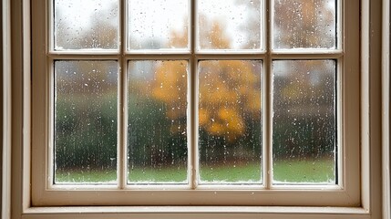 Rainy window view with autumn background
