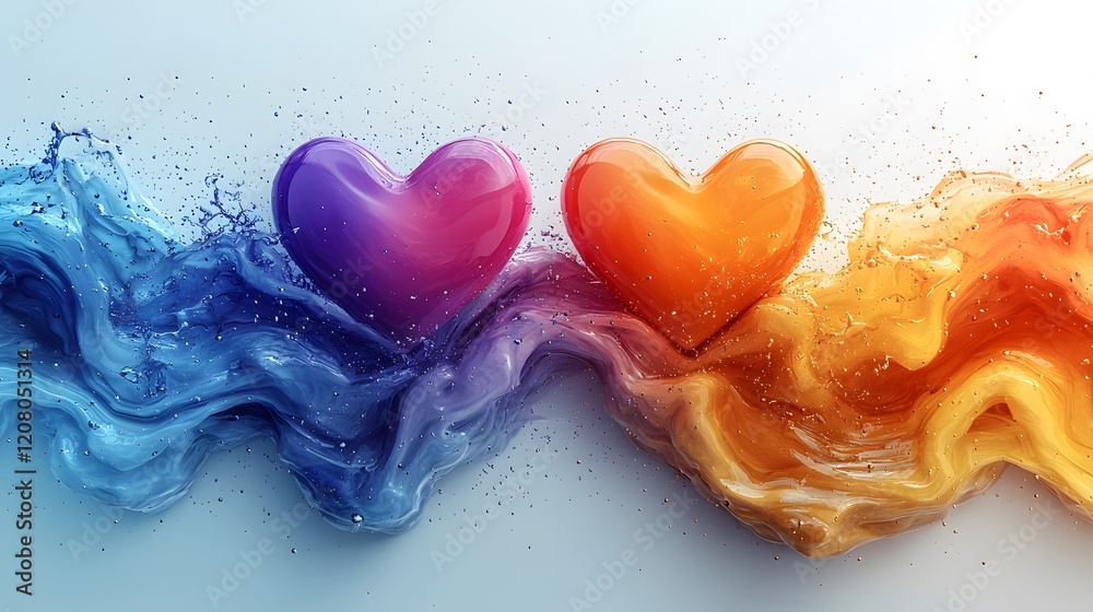 Poster colorful heart shapes surrounded by fluid waves of blue and orange liquid with splashes on a light b