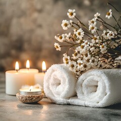 Flowers, candles, and a towel in a spa aesthetic for wellness and skincare -