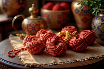 Balls of thread for traditional Chinese knots, warm colors, are laid out on a wooden table