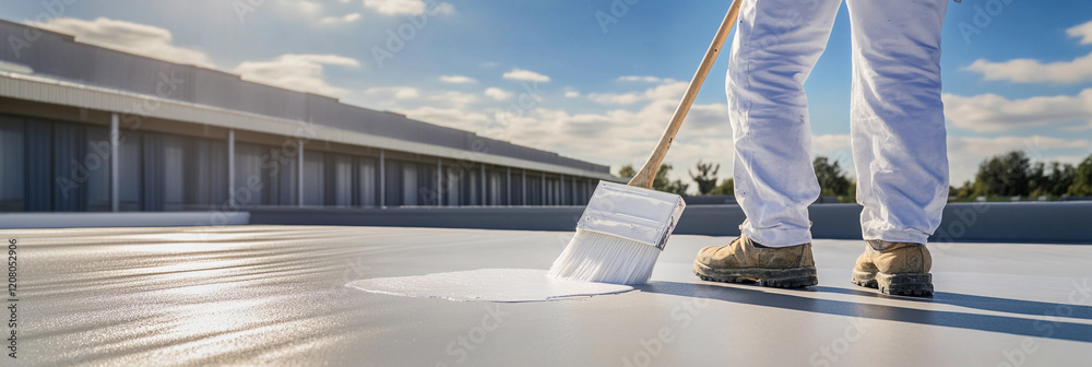 Poster worker applying coating on a rooftop during daytime