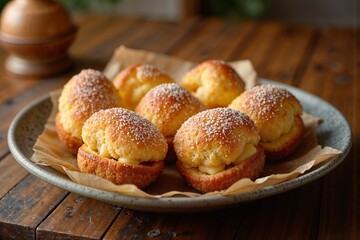 Delicious cream puffs dusted with powdered sugar on a rustic wooden table