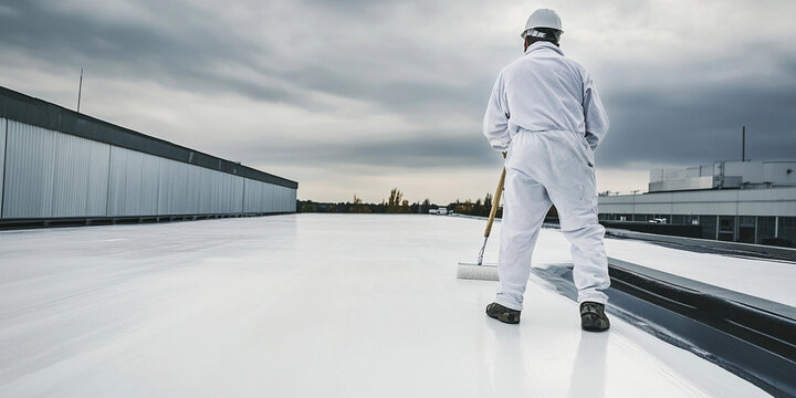 Worker applies coating on commercial building roof