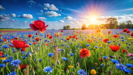 Fototapeta premium Vibrant wildflowers bathed in the golden light of a setting sun, a breathtaking summer meadow scene