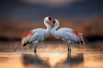 A Pair of Cranes in Golden Light: A Captivating Wildlife Portrait of Nature's Elegance and Harmony