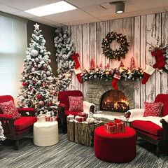Festive office holiday celebrations with coworkers, Christmas decor, and snowy themes. -