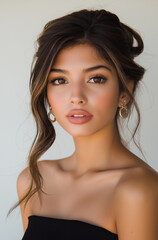 Naklejka premium close-up of model wearing a black strapless top and large gold earrings