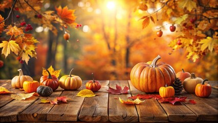 Autumnal Harvest Scene with Pumpkins and Colorful Leaves on Rustic Wooden Table
