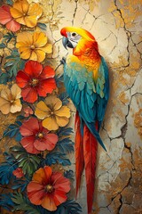 Fototapeta premium Vibrant macaw bird among colorful flowers decorative art artistic environment close-up view nature's beauty