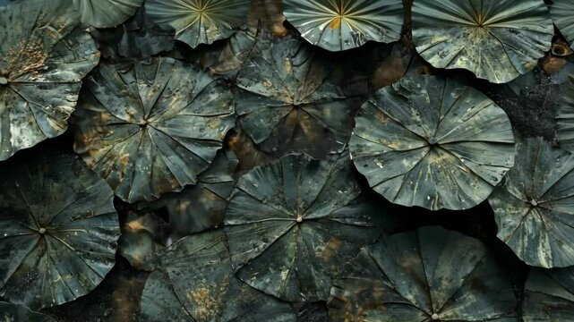 Textured pattern of dark green lotus leaves on water surface in a serene natural setting