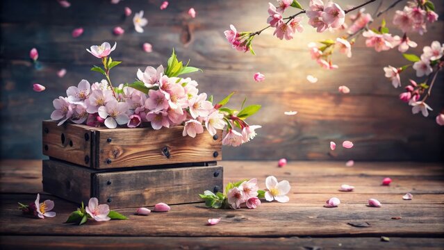 Delicate Pink Blossoms in Rustic Wooden Crate with Falling Petals