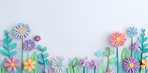 Framework for congratulation with different colored blossoms flowers, in paper cut style