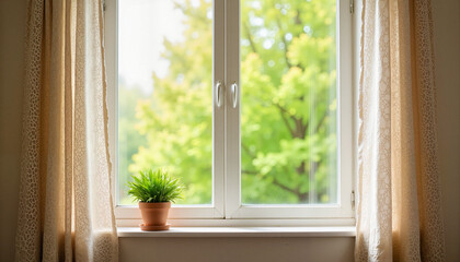 Fototapeta premium Sunlit window with breezy curtains, indoor plant, and green garden view