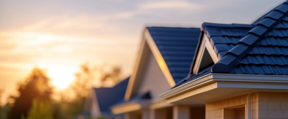 Fototapeta premium Sunset Over Suburban Homes: A Serene Evening View of New Houses