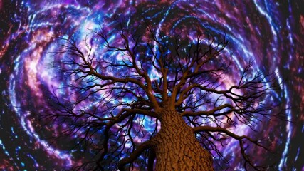 Majestic tree silhouette against a vibrant cosmic vortex, surreal nature and universe concept