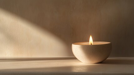 A glowing candle in a ceramic holder placed on a minimalist beige surface