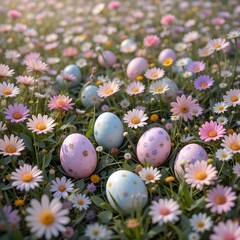 Fototapeta premium easter eggs and flowers on the grass, A spring meadow filled with blooming flowers and Easter eggs across the grass, easter day concept 