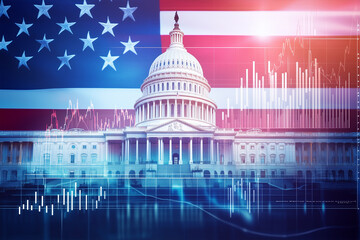 United States Capitol Building with Financial Data and Charts Overlay: Symbol of Economic Growth and Political Influence