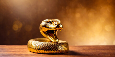 Golden Cobra Sculpture on Wooden Surface